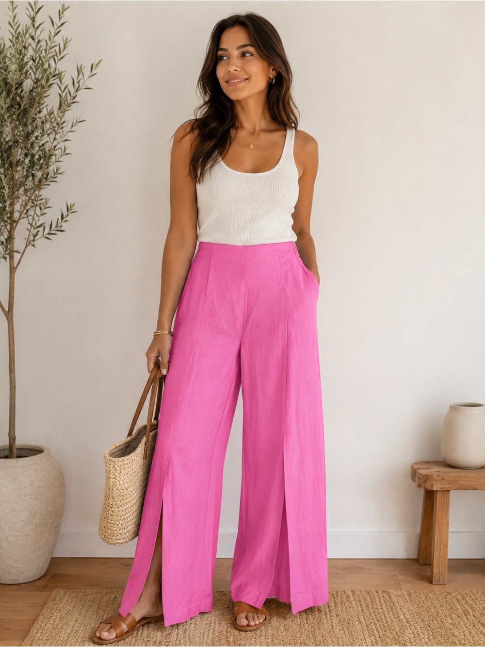 Happily Grey Linen-Blend Split Front Wide-Leg Trousers